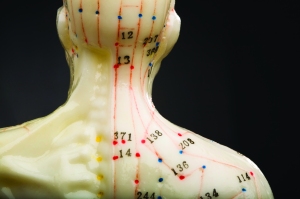 Rear view neck of acupuncturists doll isolated on black